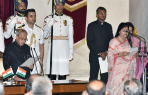 The President, Shri Pranab Mukherjee administering the oath as Minister of State to Smt. Anupriya Patel, at a Swearing-in Ceremony, at Rashtrapati Bhavan, in New Delhi on July 05, 2016.